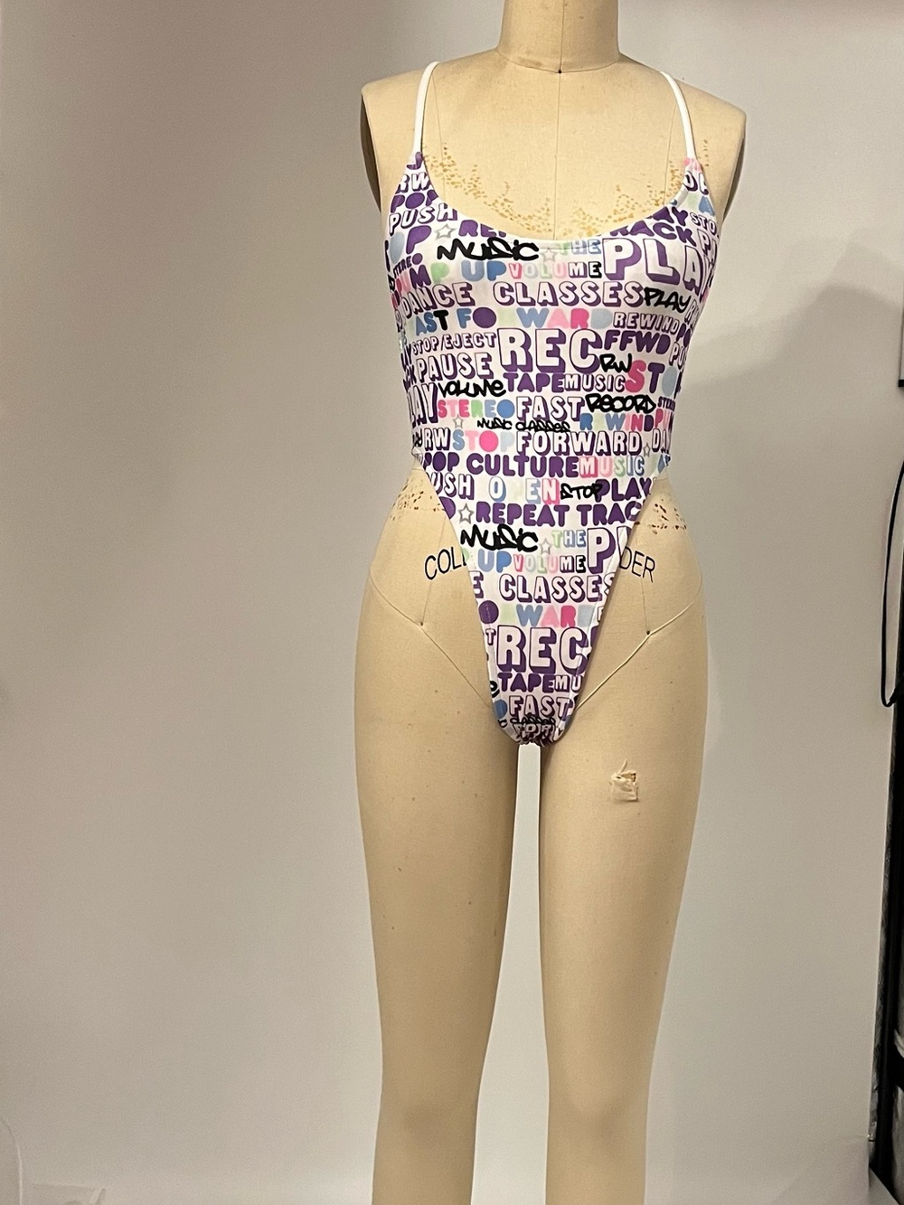 Graphic Text Print One-Piece Swimsuit in White & Purple